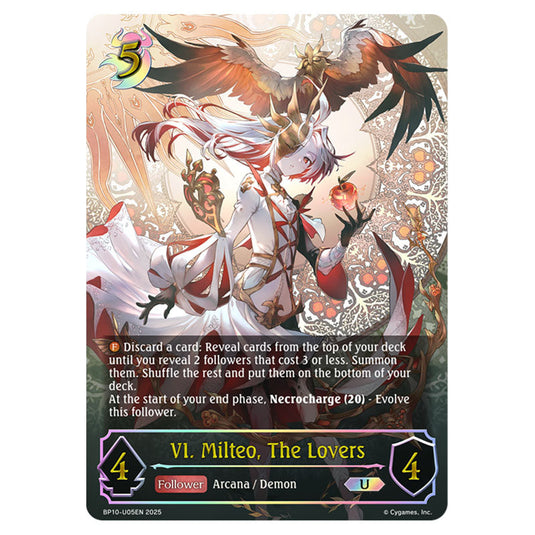 VI. Milteo, The Lovers BP10-U05EN card from the Shadowverse: Evolve set Gods of the Arcana