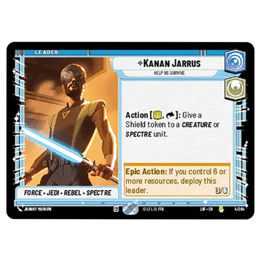 Kanan Jarrus Help Us Survive card from the Star Wars Unlimited set Legends of the Force