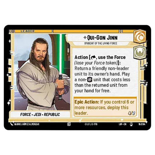 Qui-Gon Jinn Student of the Living Force card from the Star Wars Unlimited set Legends of the Force