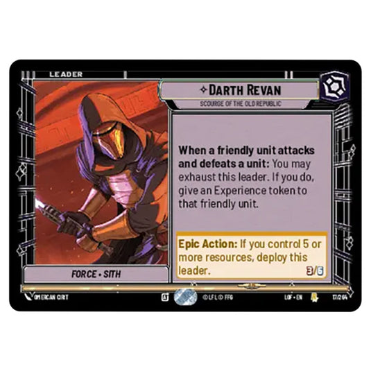 Darth Revan Scourge of the Old Republic card from the Star Wars Unlimited set Legends of the Force