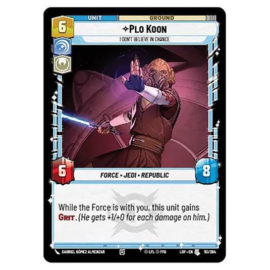 Plo Koon I Don't Believe in Chance card from the Star Wars Unlimited set Legends of the Force