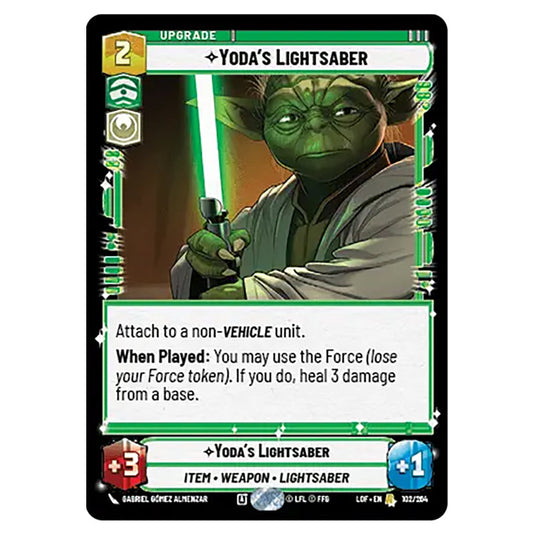 Yoda's Lightsaber card from the Star Wars Unlimited set Legends of the Force
