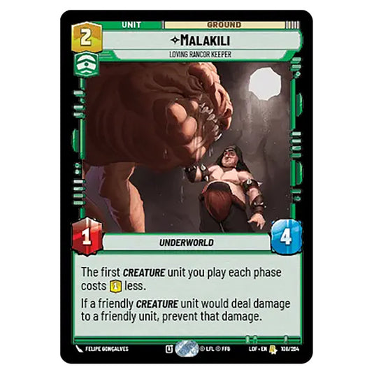 Malakili Loving Rancor Keeper card from the Star Wars Unlimited set Legends of the Force