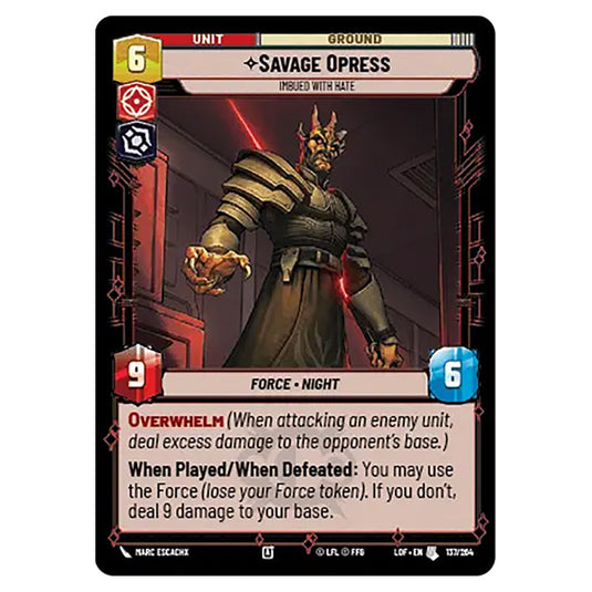 Savage Opress Imbued With Hate card from the Star Wars Unlimited set Legends of the Force