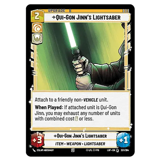 Qui-Gon Jinn's Lightsaber card from the Star Wars Unlimited set Legends of the Force