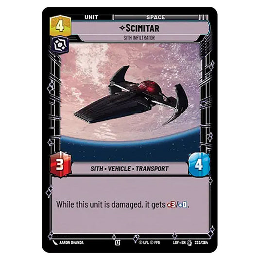 Scimitar Sith Infiltrator card from the Star Wars Unlimited set Legends of the Force