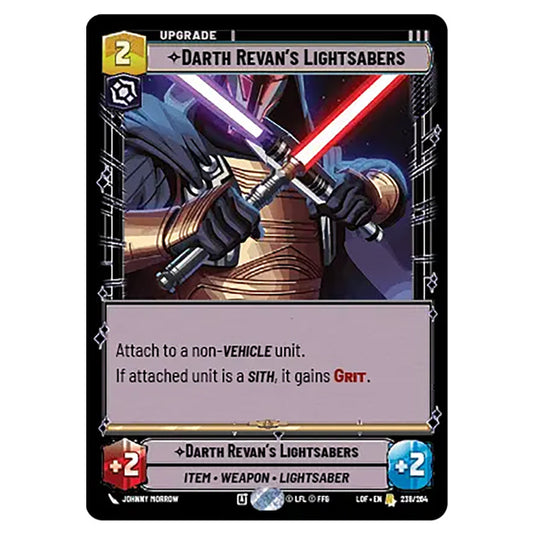 Darth Revan's Lightsabers card from the Star Wars Unlimited set Legends of the Force