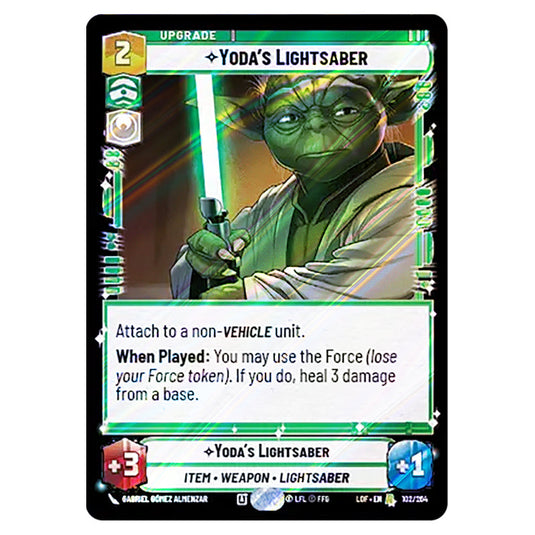 Yoda's Lightsaber card from the Star Wars Unlimited set Legends of the Force
