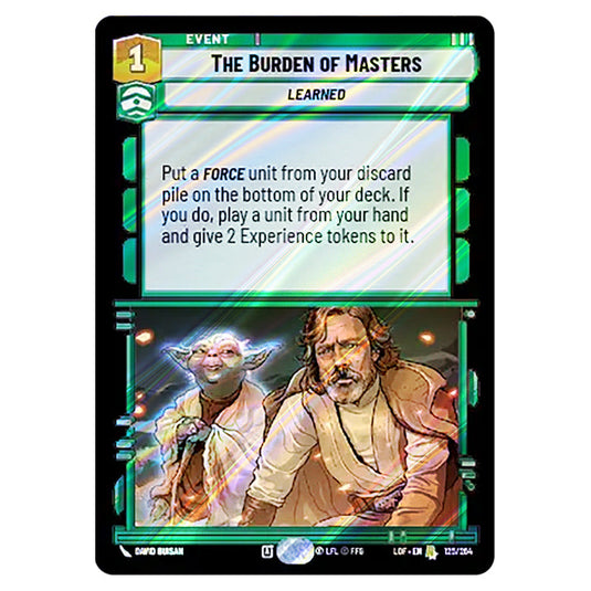 The Burden of Masters card from the Star Wars Unlimited set Legends of the Force