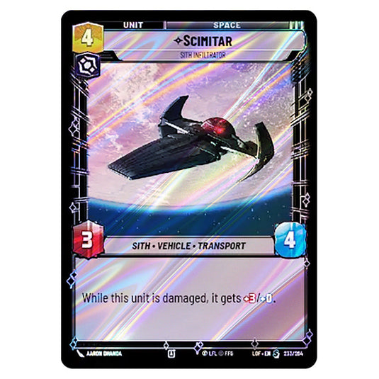 Scimitar Sith Infiltrator card from the Star Wars Unlimited set Legends of the Force