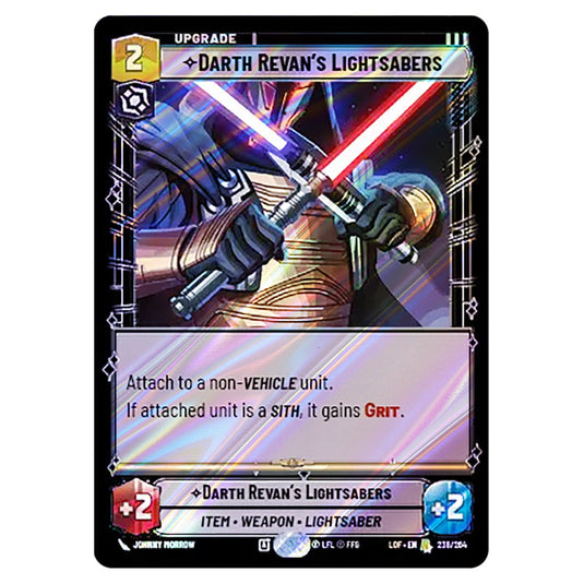 Darth Revan's Lightsabers card from the Star Wars Unlimited set Legends of the Force