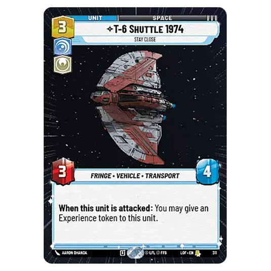 T-6 Shuttle 1974 Stay Close card from the Star Wars Unlimited set Legends of the Force