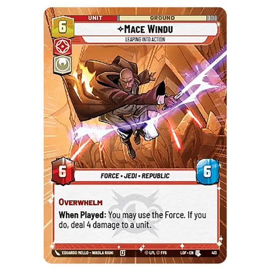 Mace Windu Leaping into Action card from the Star Wars Unlimited set Legends of the Force