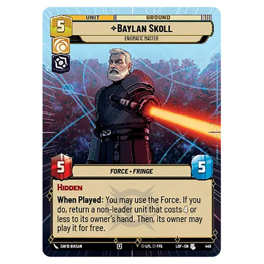 Baylan Skoll Enigmatic Master card from the Star Wars Unlimited set Legends of the Force