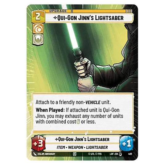 Qui-Gon Jinn's Lightsaber card from the Star Wars Unlimited set Legends of the Force