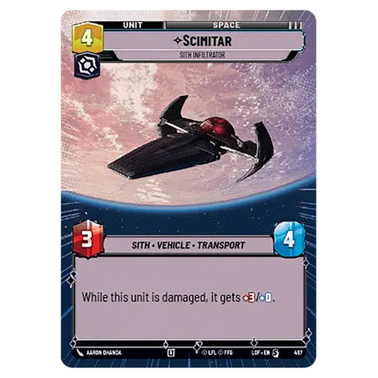 Scimitar Sith Infiltrator card from the Star Wars Unlimited set Legends of the Force