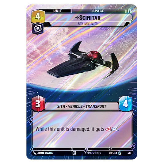 Scimitar Sith Infiltrator card from the Star Wars Unlimited set Legends of the Force