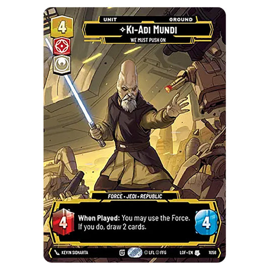 Ki-Adi-Mundi We Must Push On card from the Star Wars Unlimited set Legends of the Force