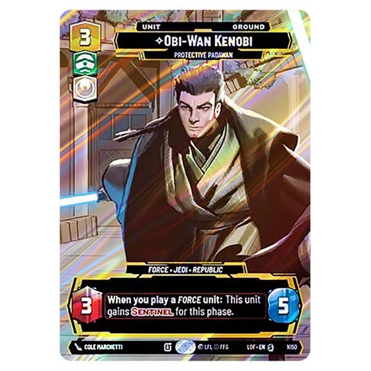 Obi-Wan Kenobi Protective Padawan card from the Star Wars Unlimited set Legends of the Force
