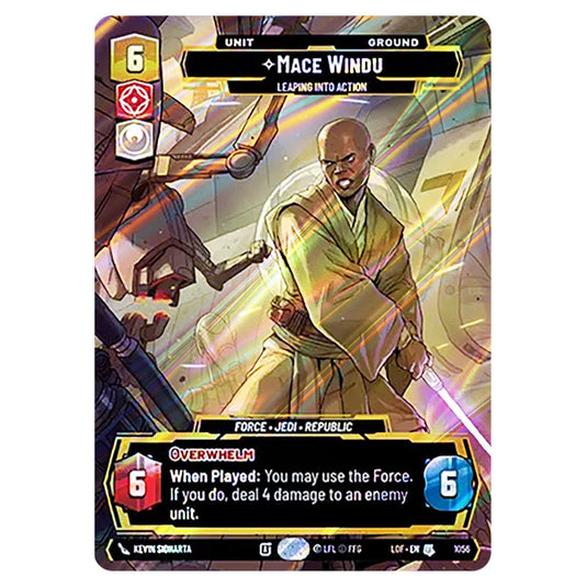 Mace Windu Leaping into Action card from the Star Wars Unlimited set Legends of the Force