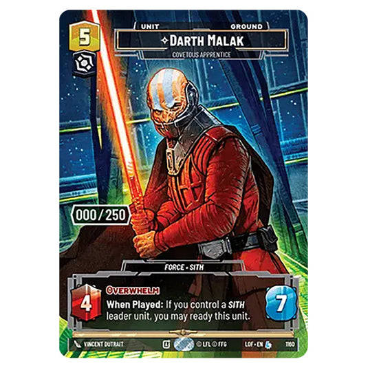 Darth Malak Covetous Apprentice card from the Star Wars Unlimited set Legends of the Force
