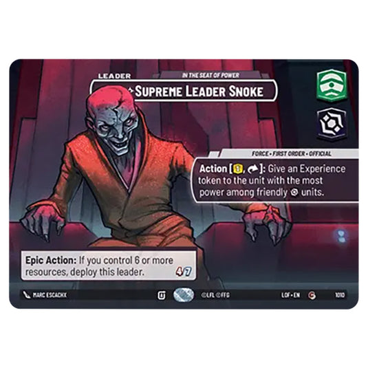 Supreme Leader Snoke In the Seat of Power card from the Star Wars Unlimited set Legends of the Force