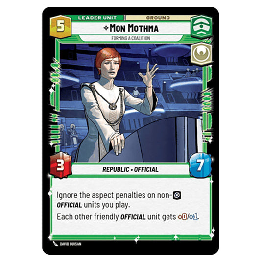 Mon Mothma Forming a Coalition card from the Star Wars Unlimited Set Secrets of Power