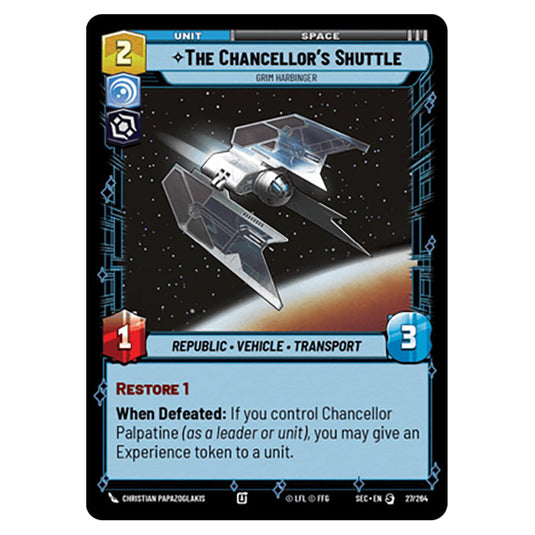 The Chancellor's Shuttle Grim Harbinger card from the Star Wars Unlimited Set Secrets of Power
