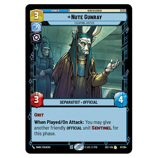 Nute Gunray Escaping Justice card from the Star Wars Unlimited Set Secrets of Power