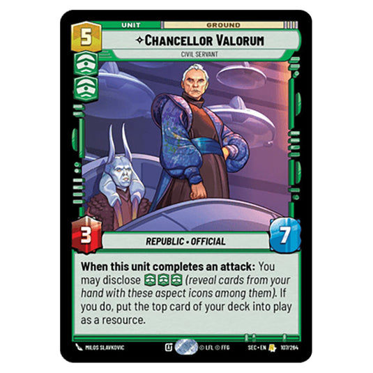 Chancellor Valorum Civil Servant card from the Star Wars Unlimited Set Secrets of Power