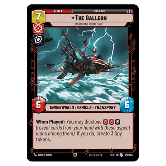 The Galleon Marauding Pirate Ship card from the Star Wars Unlimited Set Secrets of Power