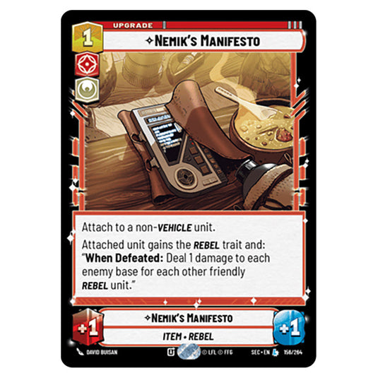 Nemik's Manifesto card from the Star Wars Unlimited Set Secrets of Power