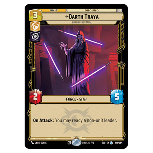 Darth Traya Lord of Betrayal card from the Star Wars Unlimited Set Secrets of Power