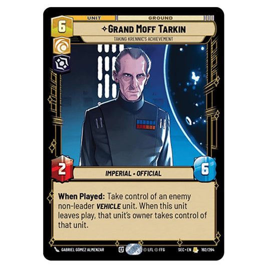 Grand Moff Tarkin Taking Krennic's Achievement card from the Star Wars Unlimited Set Secrets of Power