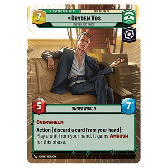 Dryden Vos I Never Ask Twice card from the Star Wars Unlimited Set Secrets of Power