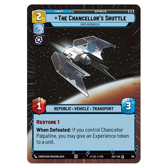 The Chancellor's Shuttle Grim Harbinger card from the Star Wars Unlimited Set Secrets of Power