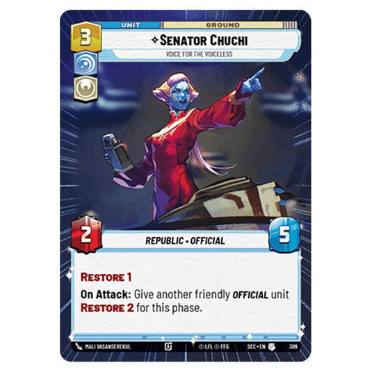 Senator Chuchi Voice for the Voiceless card from the Star Wars Unlimited Set Secrets of Power