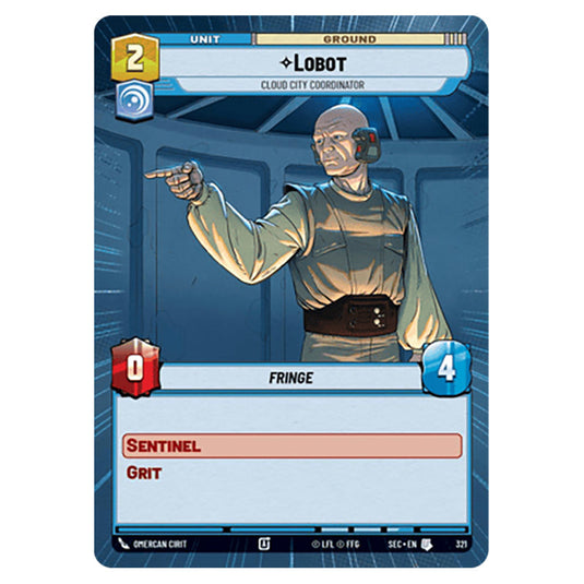 Lobot Cloud City Coordinator card from the Star Wars Unlimited Set Secrets of Power