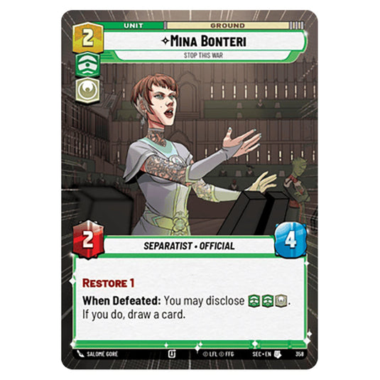 Mina Bonteri Stop This War card from the Star Wars Unlimited Set Secrets of Power