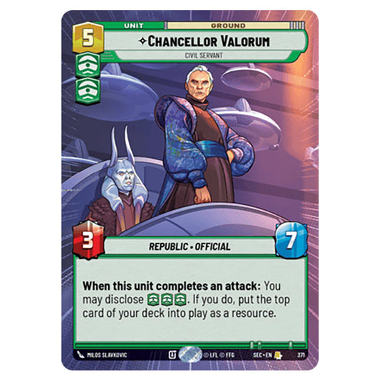 Chancellor Valorum Civil Servant card from the Star Wars Unlimited Set Secrets of Power
