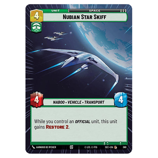 Nubian Star Skiff card from the Star Wars Unlimited Set Secrets of Power