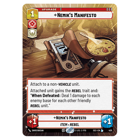 Nemik's Manifesto card from the Star Wars Unlimited Set Secrets of Power
