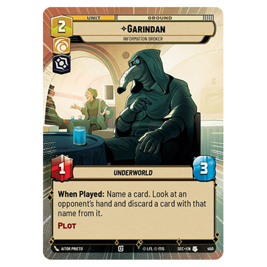 Garindan Information Broker card from the Star Wars Unlimited Set Secrets of Power