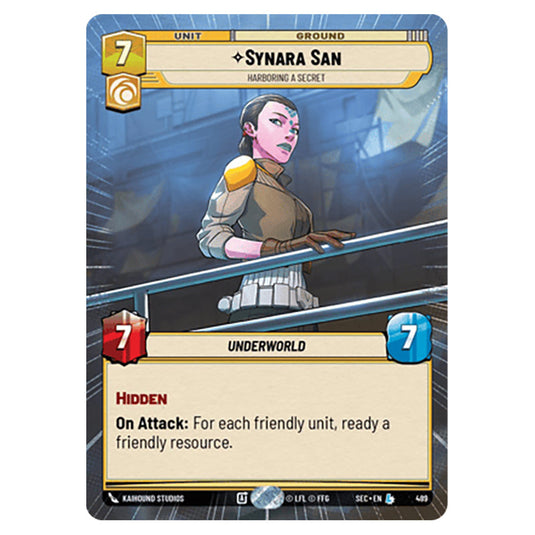Synara San Harboring a Secret card from the Star Wars Unlimited Set Secrets of Power