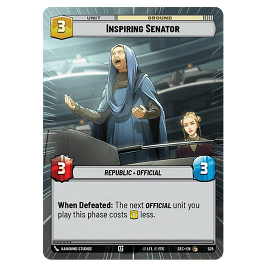 Inspiring Senator card from the Star Wars Unlimited Set Secrets of Power
