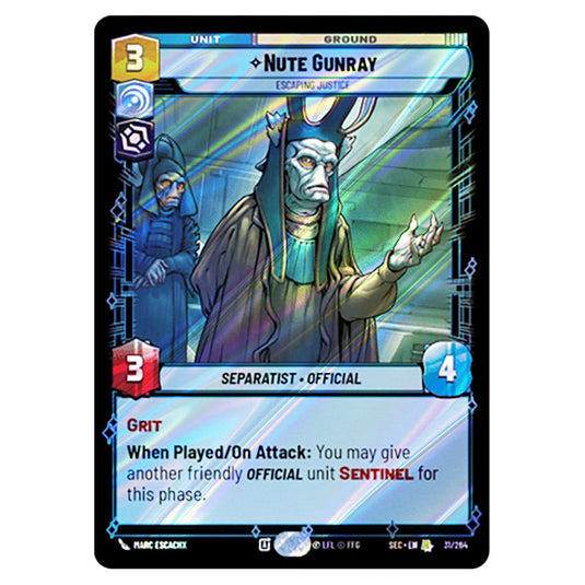 Nute Gunray Escaping Justice card from the Star Wars Unlimited Set Secrets of Power