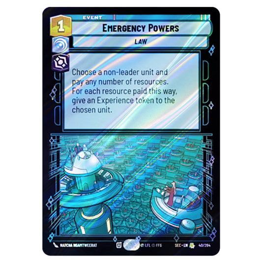 Emergency Powers card from the Star Wars Unlimited Set Secrets of Power