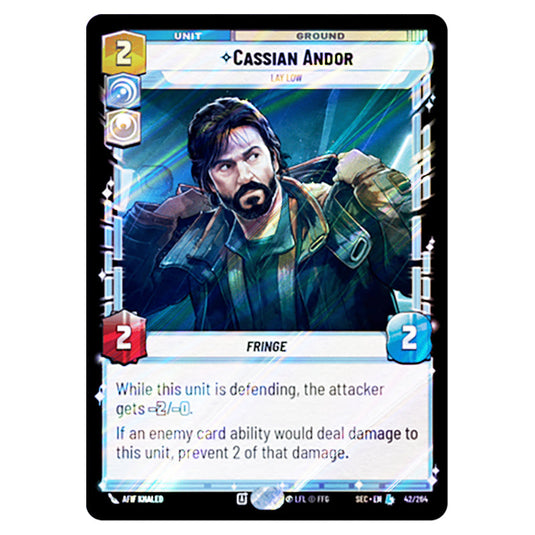 Cassian Andor Lay Low card from the Star Wars Unlimited Set Secrets of Power