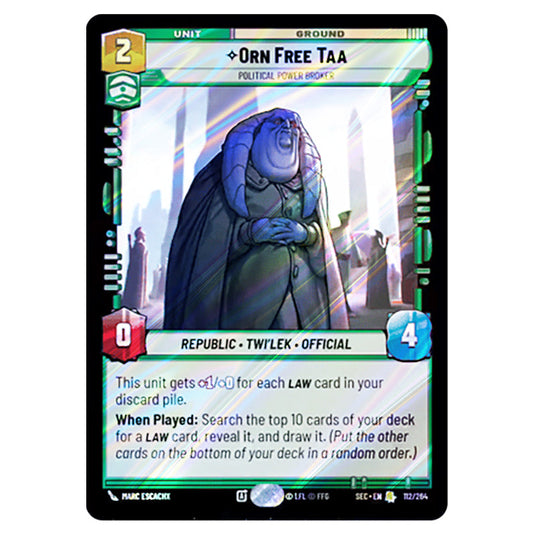 Orn Free Taa Political Power Broker card from the Star Wars Unlimited Set Secrets of Power