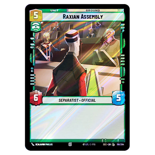 Raxian Assembly card from the Star Wars Unlimited Set Secrets of Power